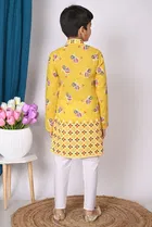 Cotton Printed Kurta with Payjama for Boys, Yellow & White 