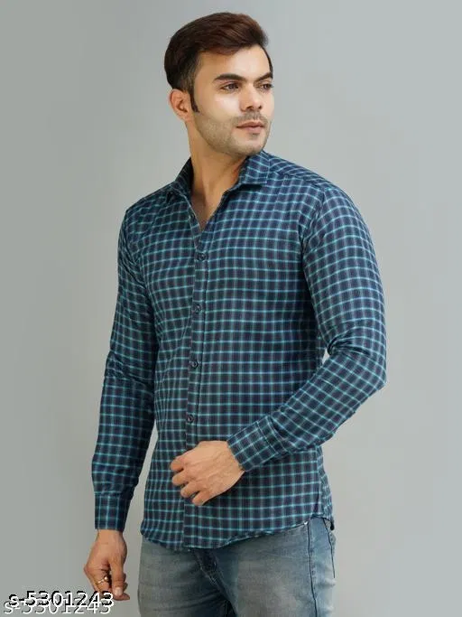 Cotton Blend Checked Shirts for Men, Blue (M)