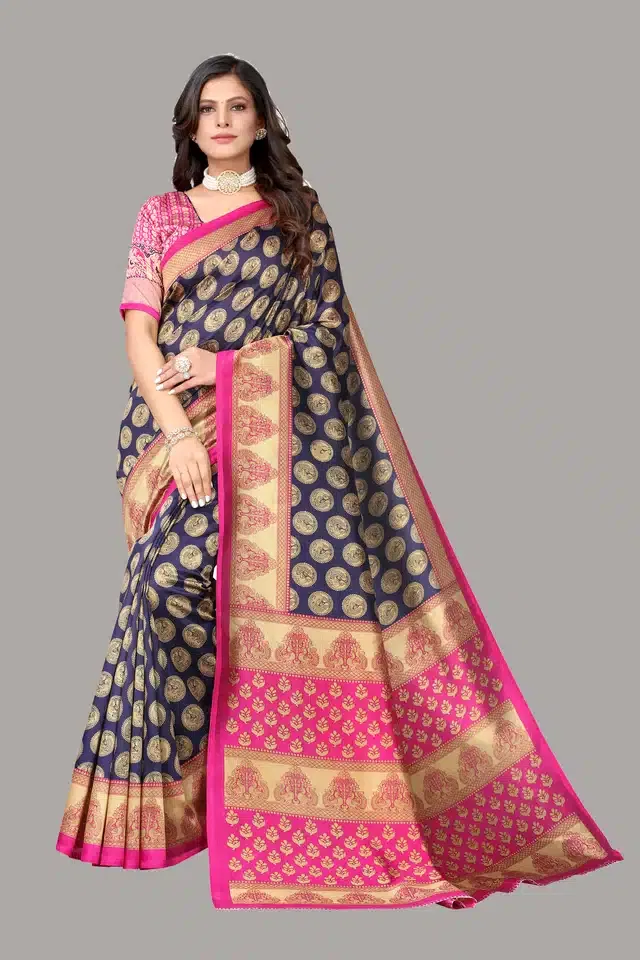 Saree with Unstitched Blouse for Women (Navy Blue, 5.95 m)