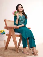 Jacquard Embroidered Kurta with Pant for Women (Teal, S)