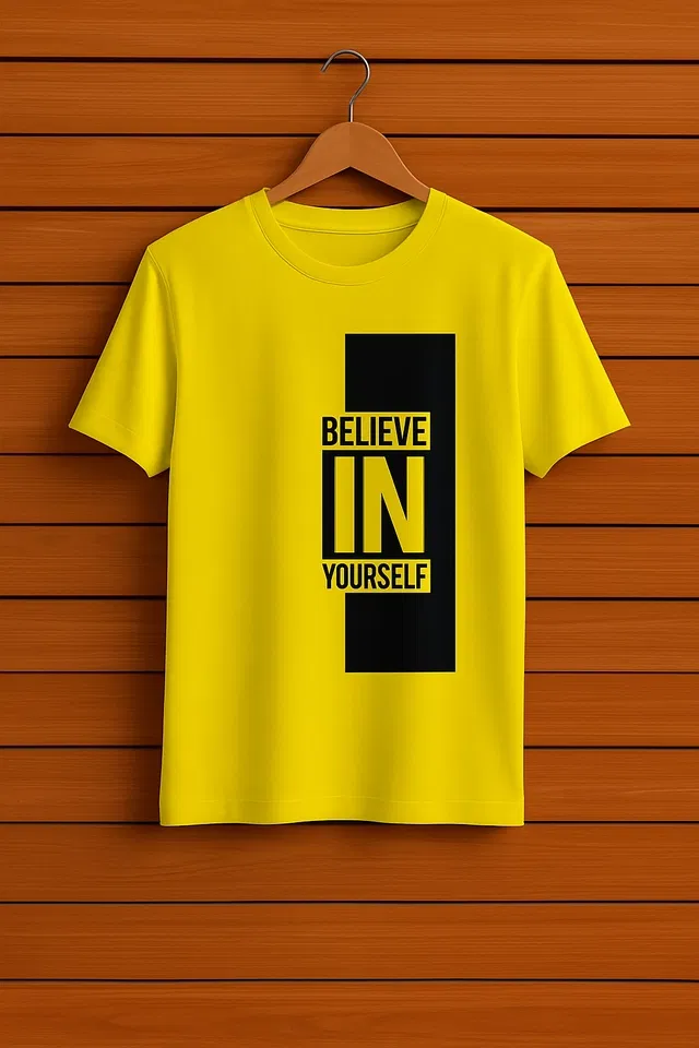 Round Neck Printed T-Shirt for Men (Yellow, M)