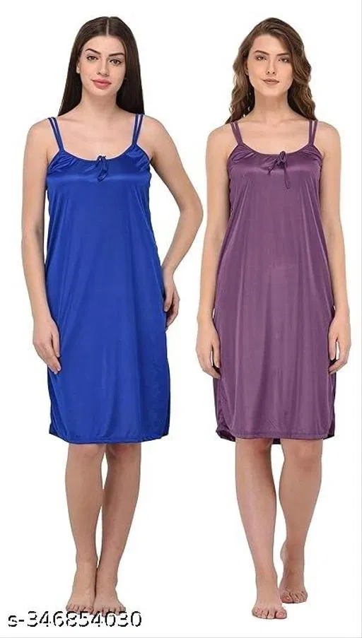 Satin Solid Nightdress for Women, Blue & Purple, Pack of 2 (M)
