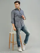 Cotton Blend Checked Shirts for Men, Navy Blue 