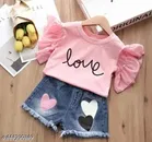 Hosiery Cotton & Denim Printed Clothing Set for Kids, Pink 