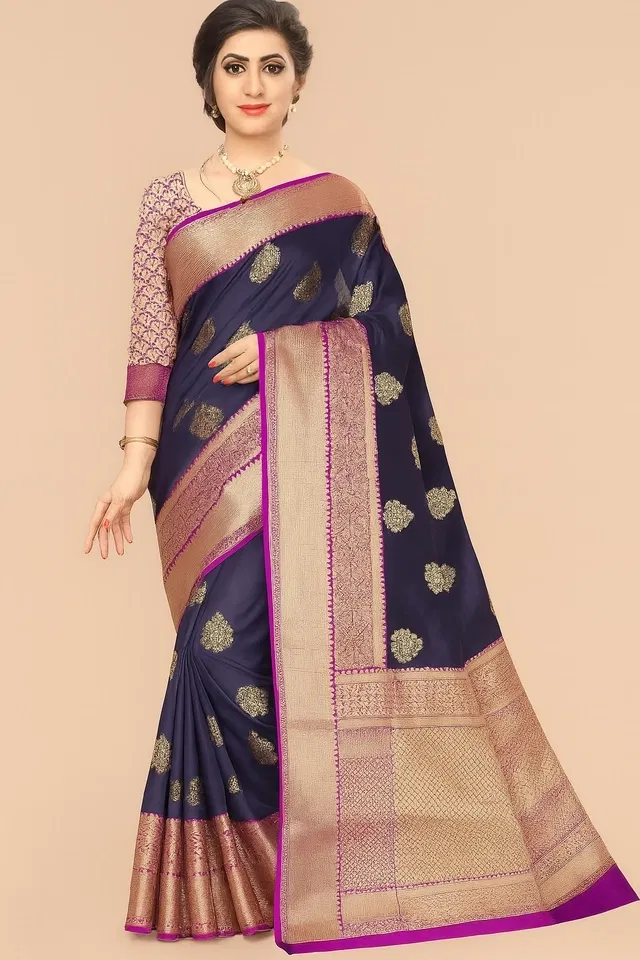 Banarasi Silk Jacquard Print Saree for Women (Blue)