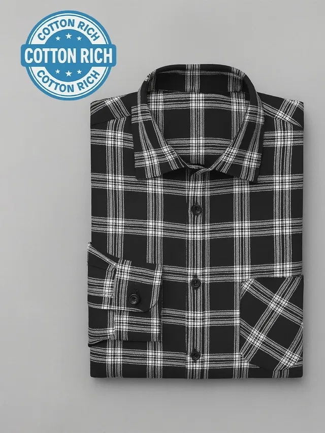 Cotton Blend Chequered Shirt for Men (Black, XXL)