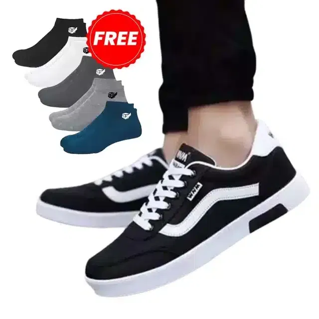 Casual Shoes with 5 Pair Socks for Men (Black & White, 10)
