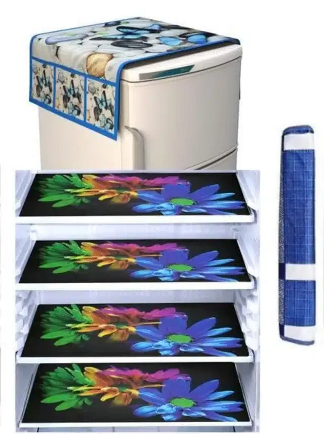 Knit Printed Fridge 4 Pcs Mat with Handle & Top Cover (Multicolor, Set of 1)