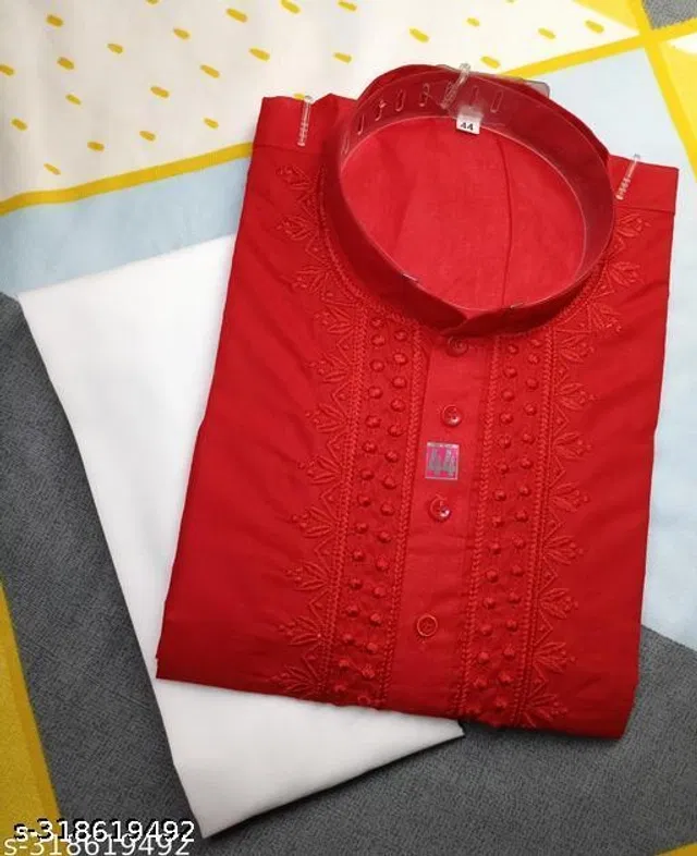 Cotton Embroidered Kurta with Pyjama for Men (Red & White, L)