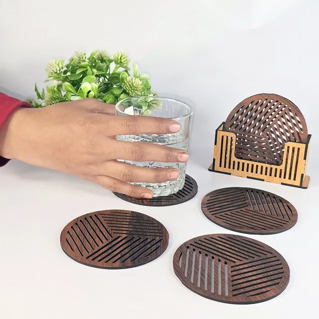 MDF Wooden 6 Pcs Coasters with Stand (Brown, Set of 1)