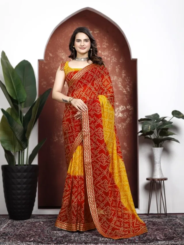 Georgette Bandhini Saree for Women (Red)
