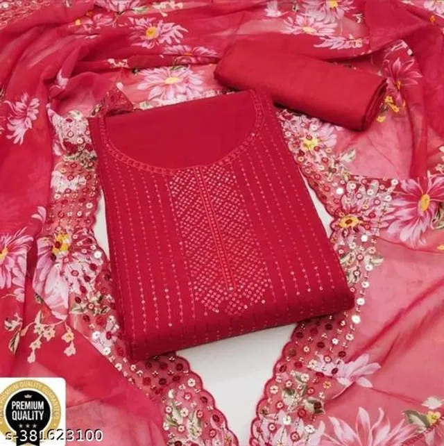 Embroidered Unstitched Suit for Women (Red, 2.25 m)