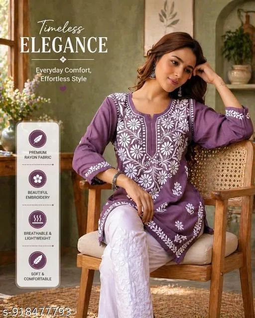 Chikankari Embroidered Short Kurti for Daily/Office Wear for Women (Pink, L)