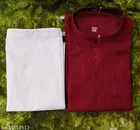 Cotton Solid Kurta Set for Men, White & Maroon 