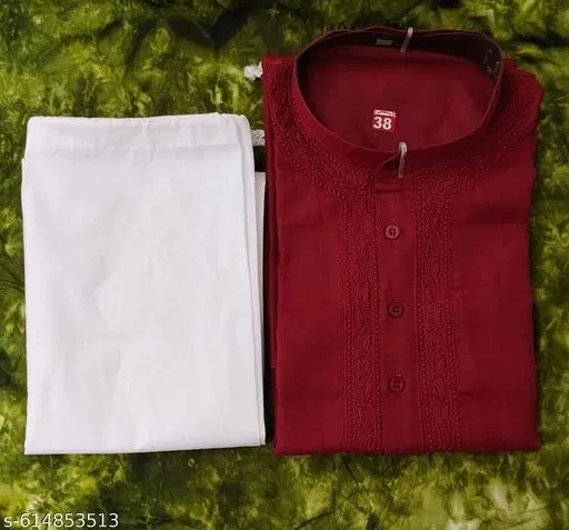 Cotton Solid Kurta Set for Men, White & Maroon (XXL)