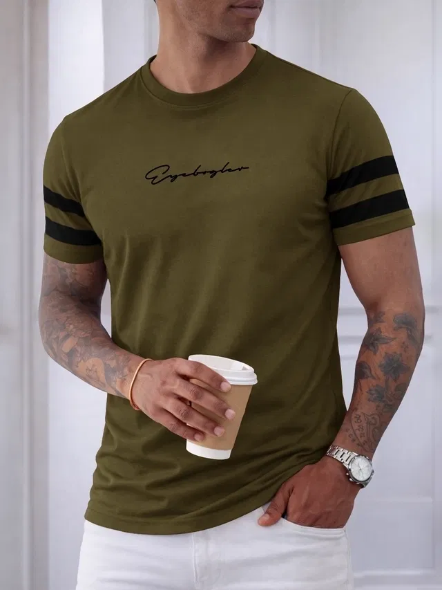 Round Neck Cotton T-shirts for Men (Olive, M)