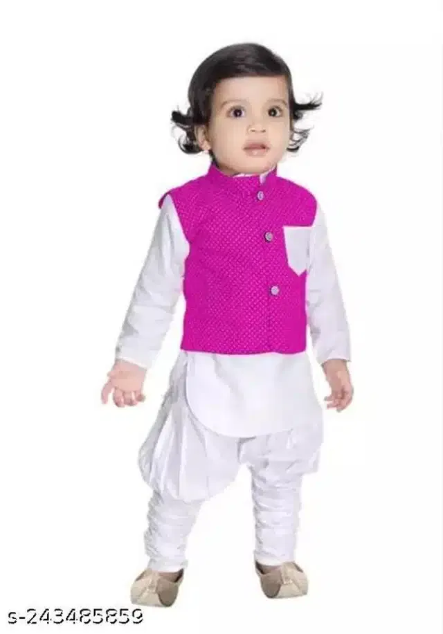 Cotton Full Sleeves Jacket with Kurta & Pyjama Clothing Set for Boys (Pink & White, 9-12 Months)