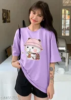 Cotton Blend Printed T-shirt for Women, Purple 
