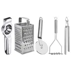 Oc9 Stainless Steel Lemon Squeezer & 4 in 1 Grater Or Slicer & Pizza Cutter & Potato Masher & Roti Chimta Kitchen Tool Set 