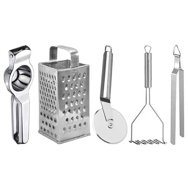 Oc9 Stainless Steel Lemon Squeezer & 4 in 1 Grater Or Slicer & Pizza Cutter & Potato Masher & Roti Chimta Kitchen Tool Set (O-156)