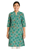 Cotton Blend Printed Kurti for Women, Teal 