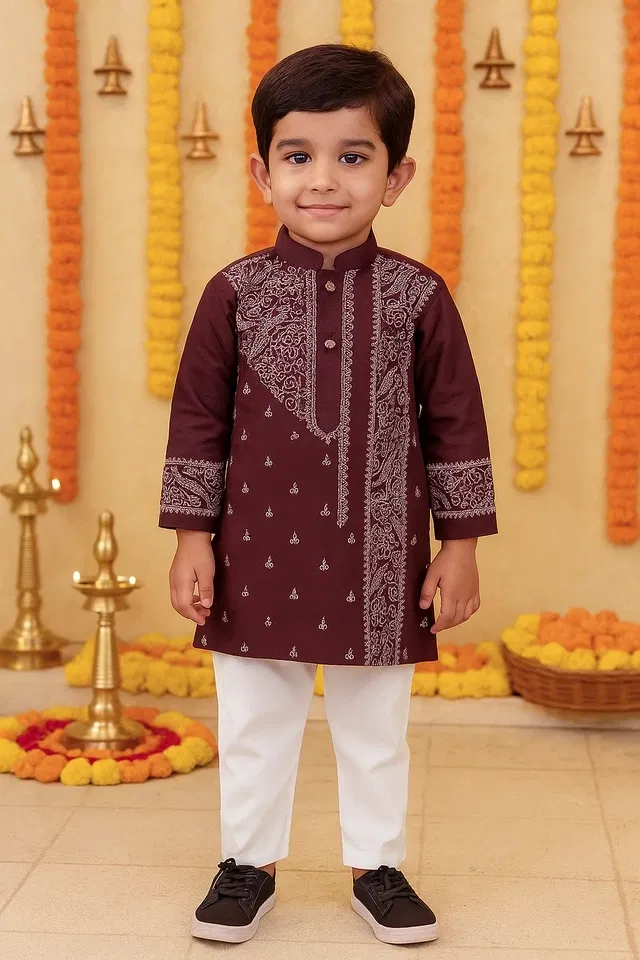 Dupion Silk Printed Kurta with Payjama for Boys, Wine & White (4-5 Years)