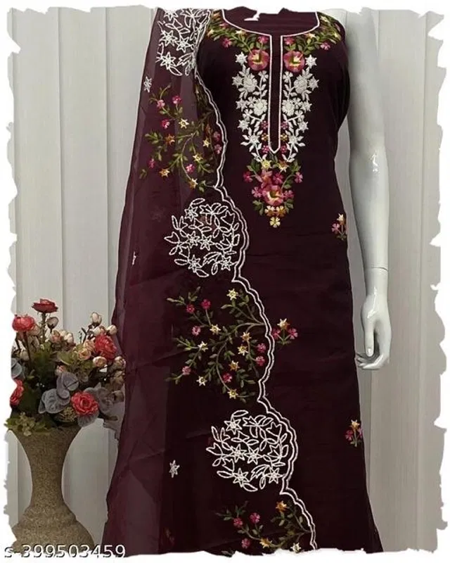 Embroidered Unstitched Suit for Women (Wine, 2.25 m)