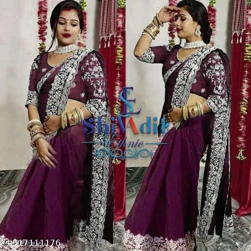 Georgette Solid Saree For Women, Purple