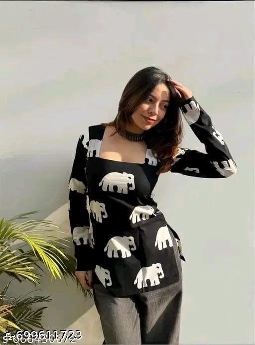 Rayon Printed Short Kurti for Women, Black (S)