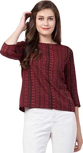 Round Neck Striped Top for Women (Red, XL)