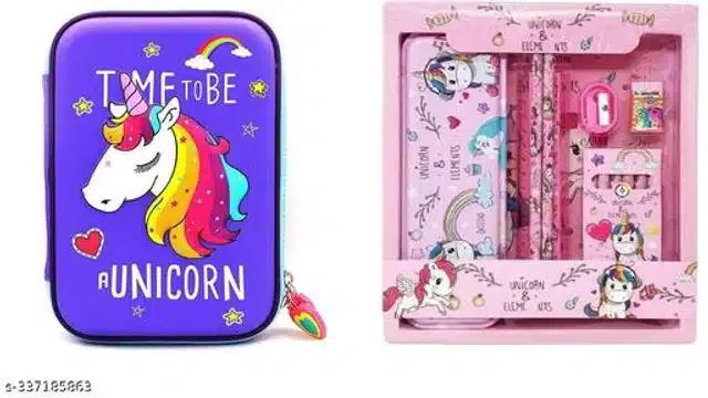 Unicorn Theme Pencil Case with Stationery Kit (Blue & Pink, Set of 2)