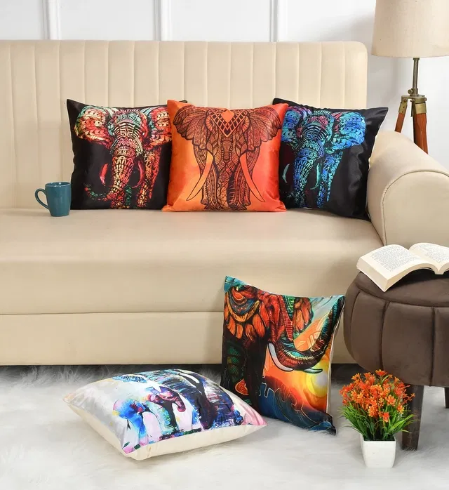 Jute Printed Cushion Covers (Multicolor, 16x16 inches) (Pack of 5)