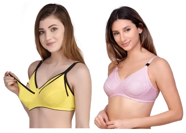 Cotton Blend Solid Non Padded Feeding Bras for Women (Multicolor, 36) (Pack of 2)
