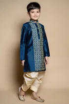 Dupion Silk Embroidery Kurta with Dhoti for Boys, Navy Blue & White 