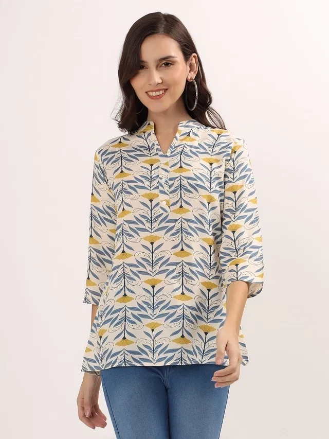 Womens ethnicfloral motif short Kurti (Blue M)