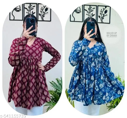 Floral Printed Short Kurti for Women, Pack of 2 (Blue, S)