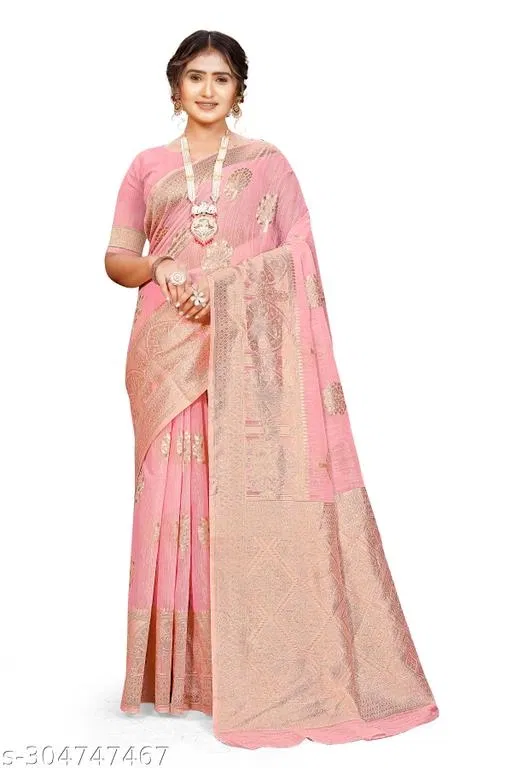 Linen Zari Woven Saree for Women (Pink, 6.3 m)