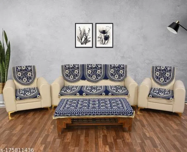 Polycotton 5 Seater Sofa Covers With Table Cover (Blue, Set of 2)
