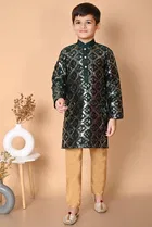 Dupion Silk Embellished Kurta with Payjama for Boys, Bottle Green & Beige 