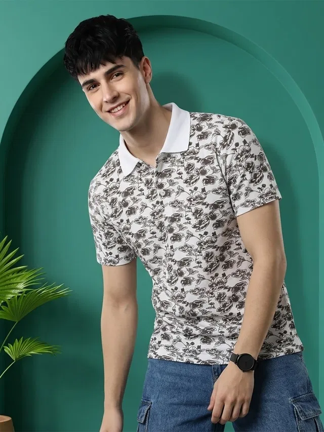Printed Polo T-shirt for Men (White, XL)