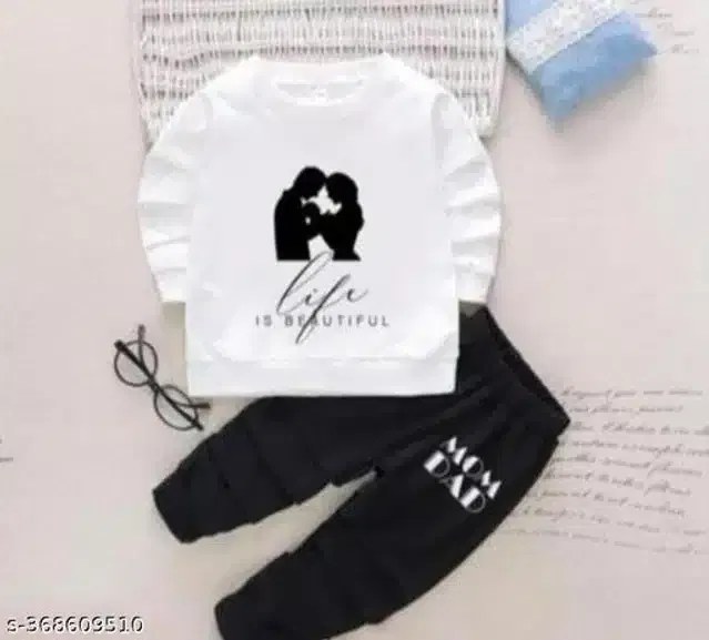 Cotton Full Sleeves T-Shirt with Pant Clothing Set for Kids (White & Black, 0-6 Months)