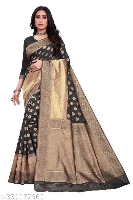 Chanderi Cotton Zari Woven Saree for Women (Dark Grey, 6.3 m)