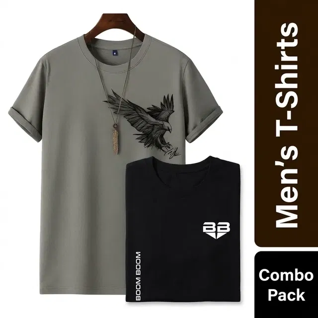 Round Neck Eagle Printed T-Shirt for Men, Combo Pack of 2, Grey & Black, M