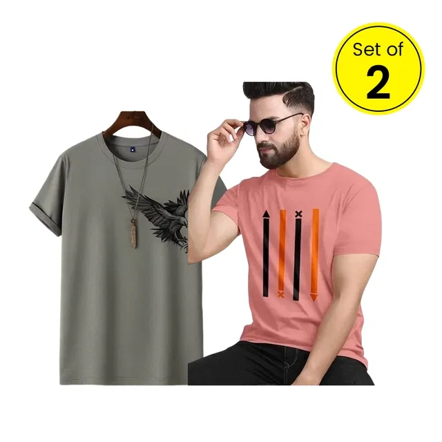 Round Neck Printed T-Shirt for Men, Set of 2 (Grey & Peach, XL)