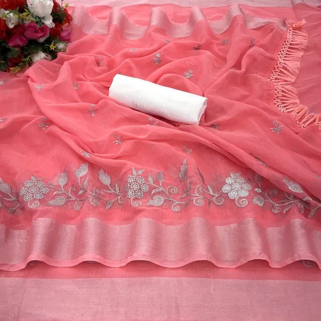 Chanderi Cotton Embroidered Saree for Women (Pink, 6.3 m)