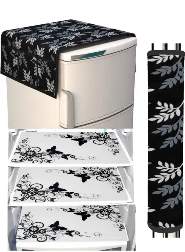 Knit Printed Fridge 3 Pcs Mat with Top & Handle Cover (Multicolor, Set of 1)