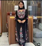 Georgette Embroidered Kurta & Paint & Dupatta Set For Womens, Black 