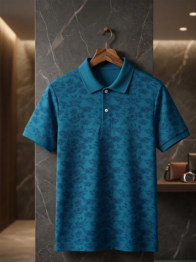 Printed Polo T-shirt for Men (Teal, L)