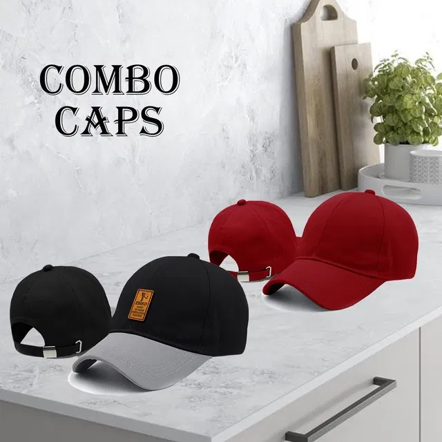 Cotton Sports Cap for Men & Women (Black & Red, Pack of 2)