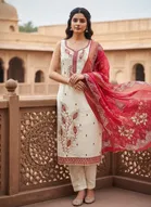 Cotton Silk Embellished Unstitched Suits Fabric for Women, White & Red